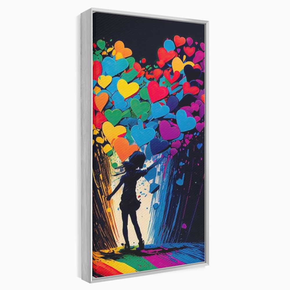 Tablou canvas cu tablou canvas cu silueta si inimi colorate, in rama de aluminiu argintiu